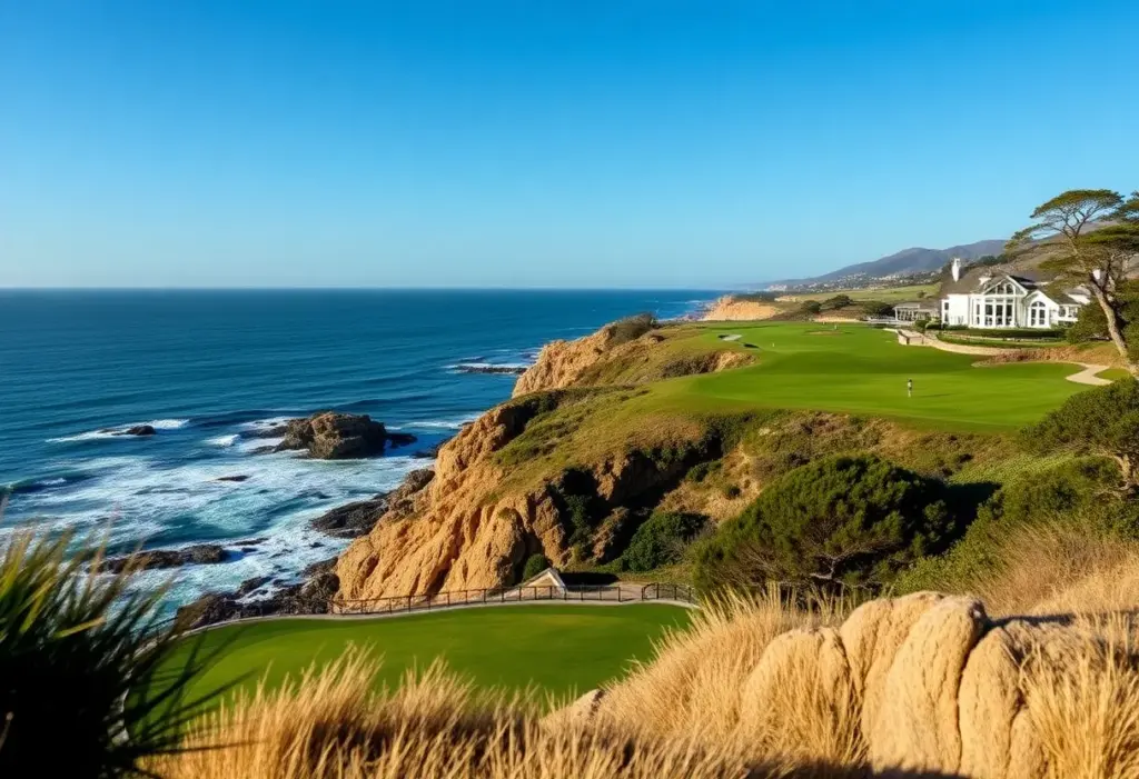 Scenic view of Cypress Point Club golf course against ocean cliffs