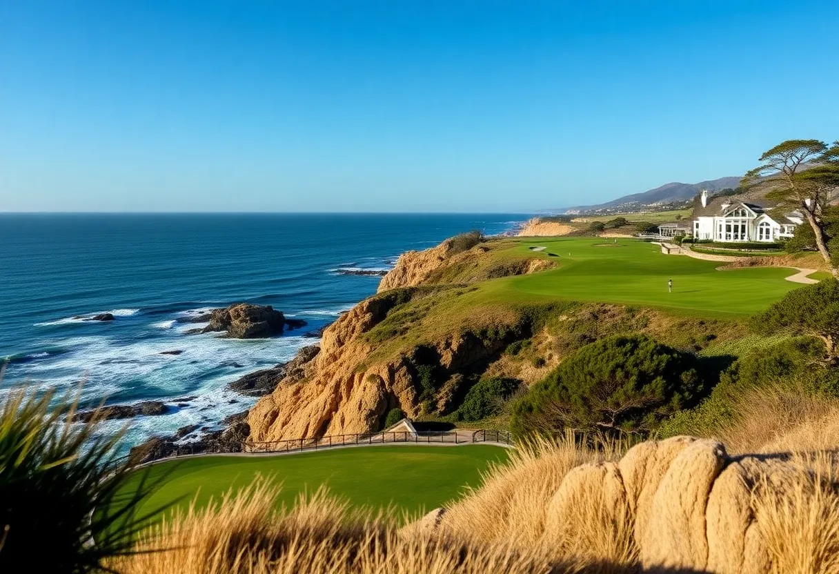 Scenic view of Cypress Point Club golf course against ocean cliffs