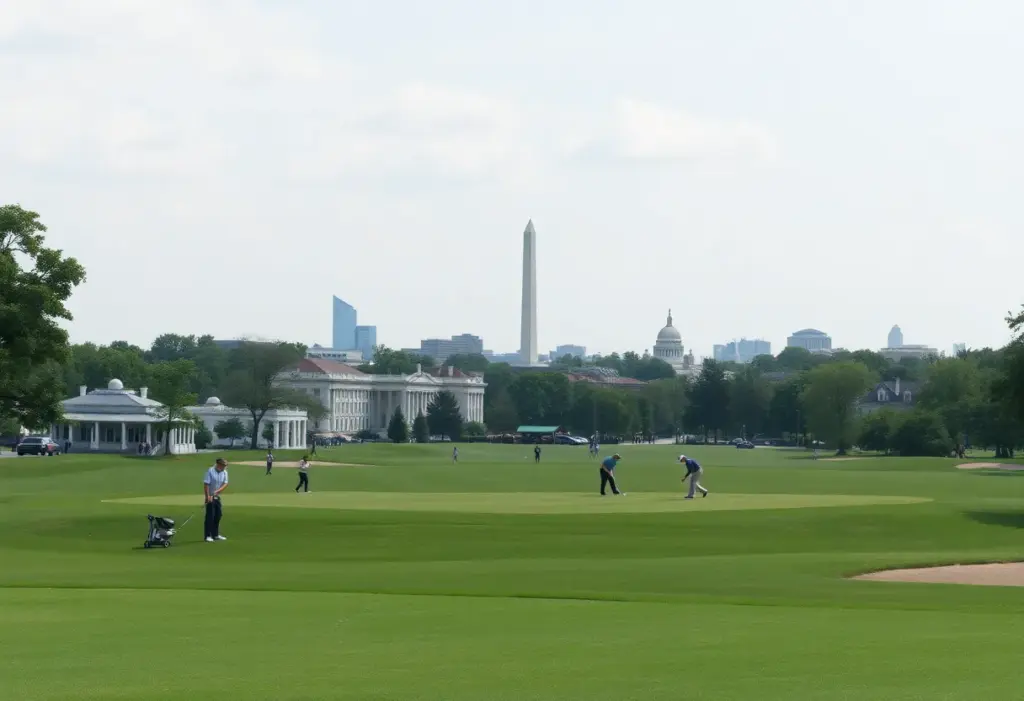 Lush green D.C. golf course with golfers and historical landmarks