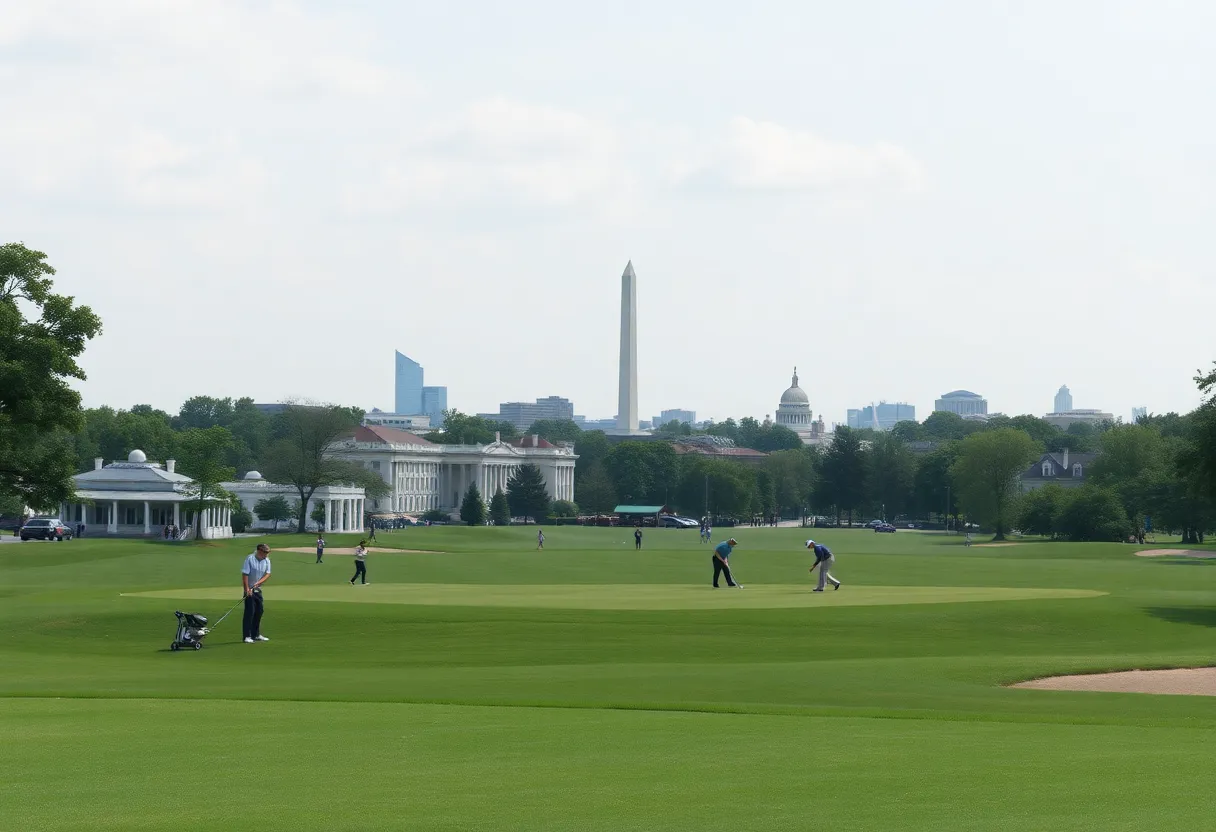 Lush green D.C. golf course with golfers and historical landmarks