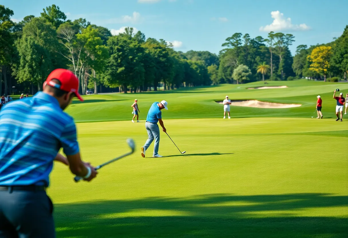 Golfers playing on a lush green course, showcasing competitive golf.