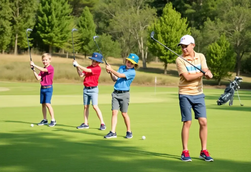 Young golfers practicing their swings on a beautiful golf course