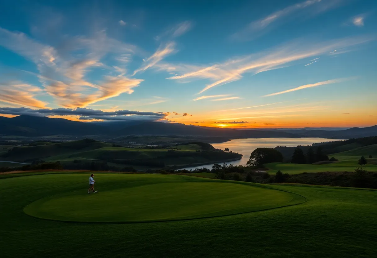 A stunning view of a golf course at sunset, representing excellence in golf.