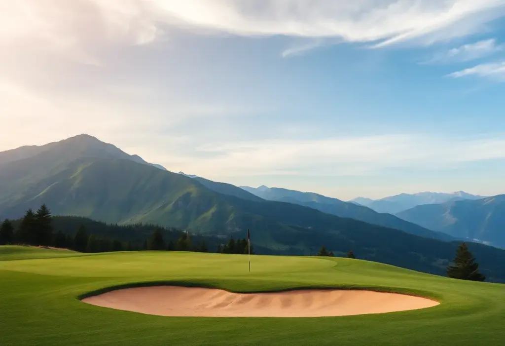 Matt Fitzpatrick executing a bunker shot on a golf course with mountains in the background