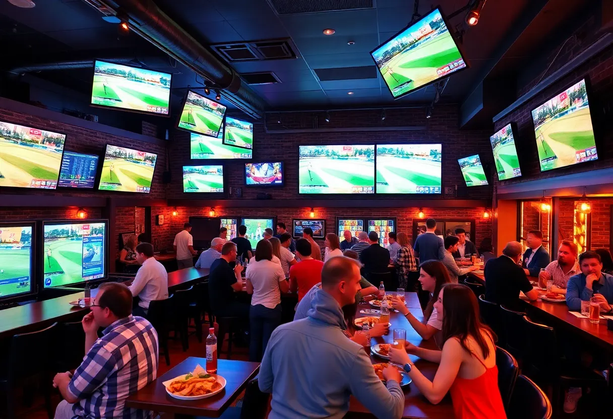 Vibrant sports bar with high-definition screens and happy patrons at Five Iron Golf.
