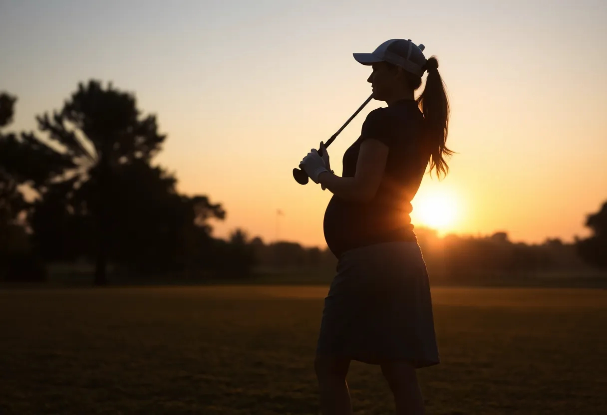 Golf course at sunrise with a silhouette of a woman golfer.