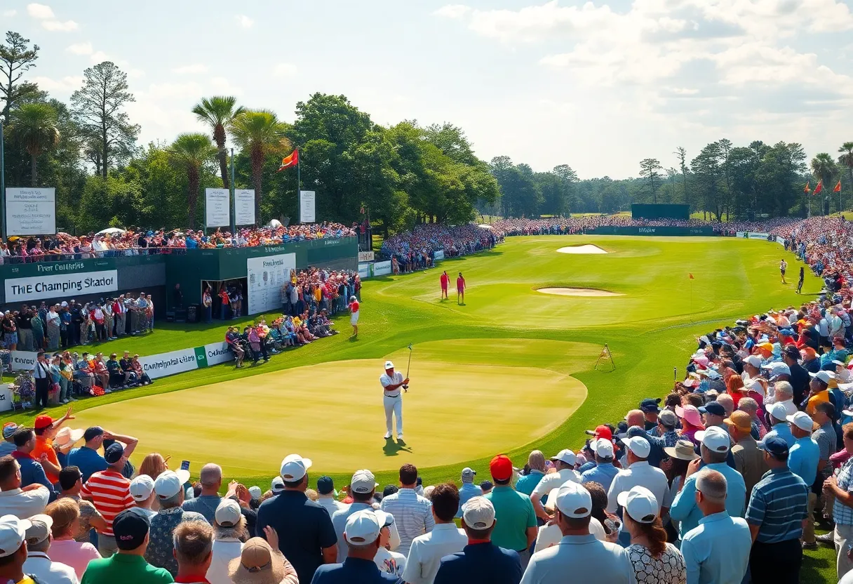 A golf tournament scene celebrating a champion golfer on the course.