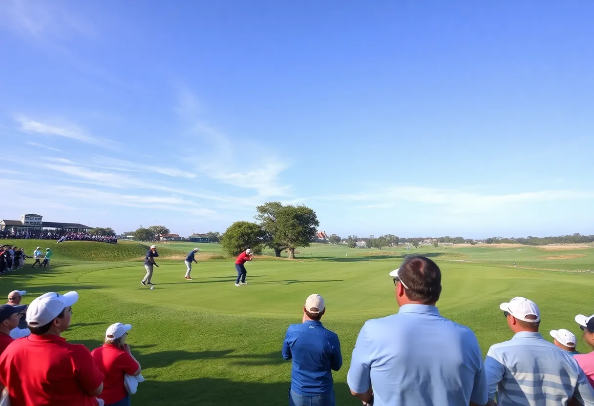 A scenic view of a golf course with professional players in action
