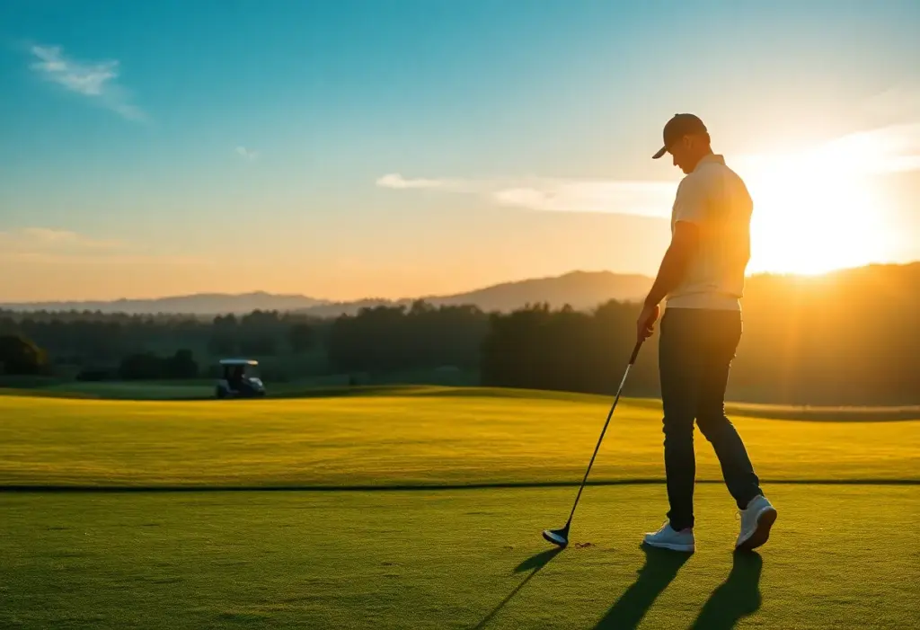 Scenic view of a golf course at sunrise with a golfer in the background