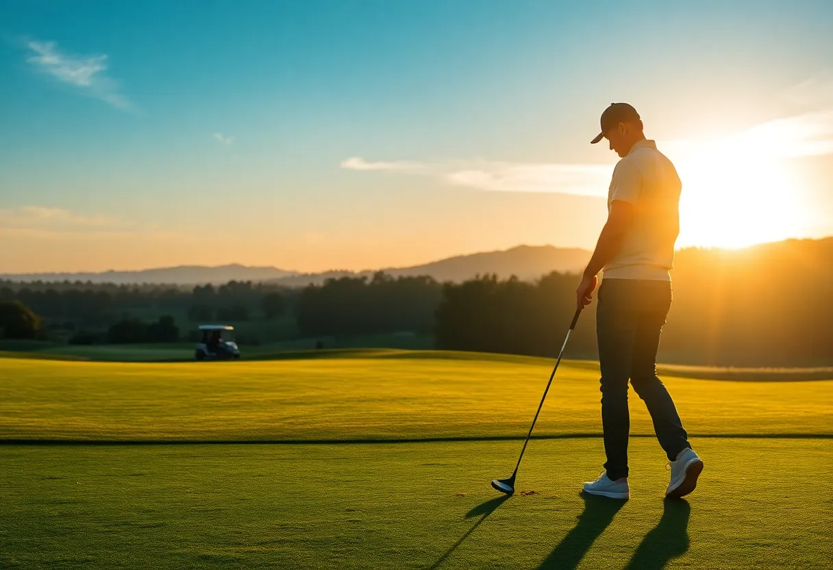 Scenic view of a golf course at sunrise with a golfer in the background