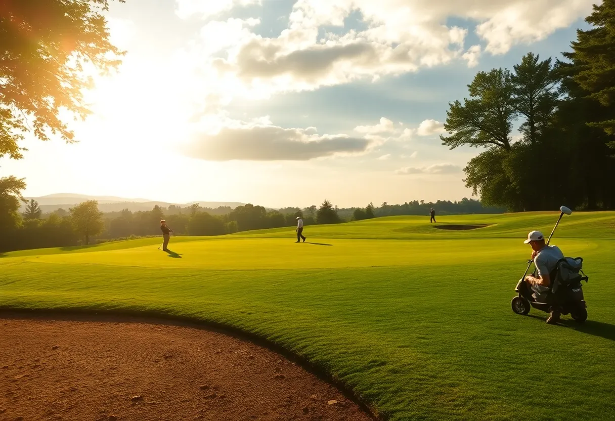 Golf course landscape with players practicing in the background
