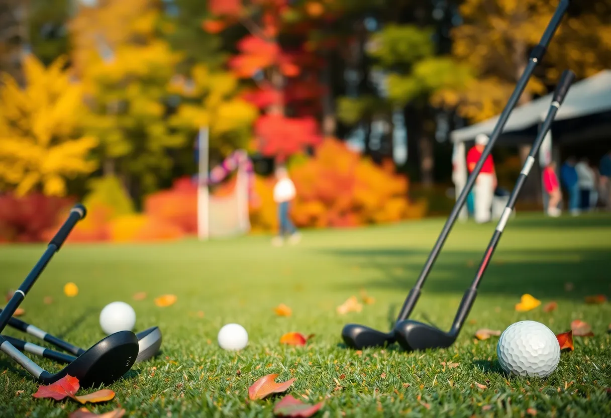 A scenic golf course featuring autumn colors and golf equipment.