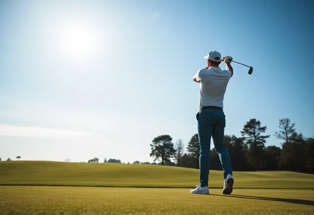 Golfer on a lush golf course ready to swing.