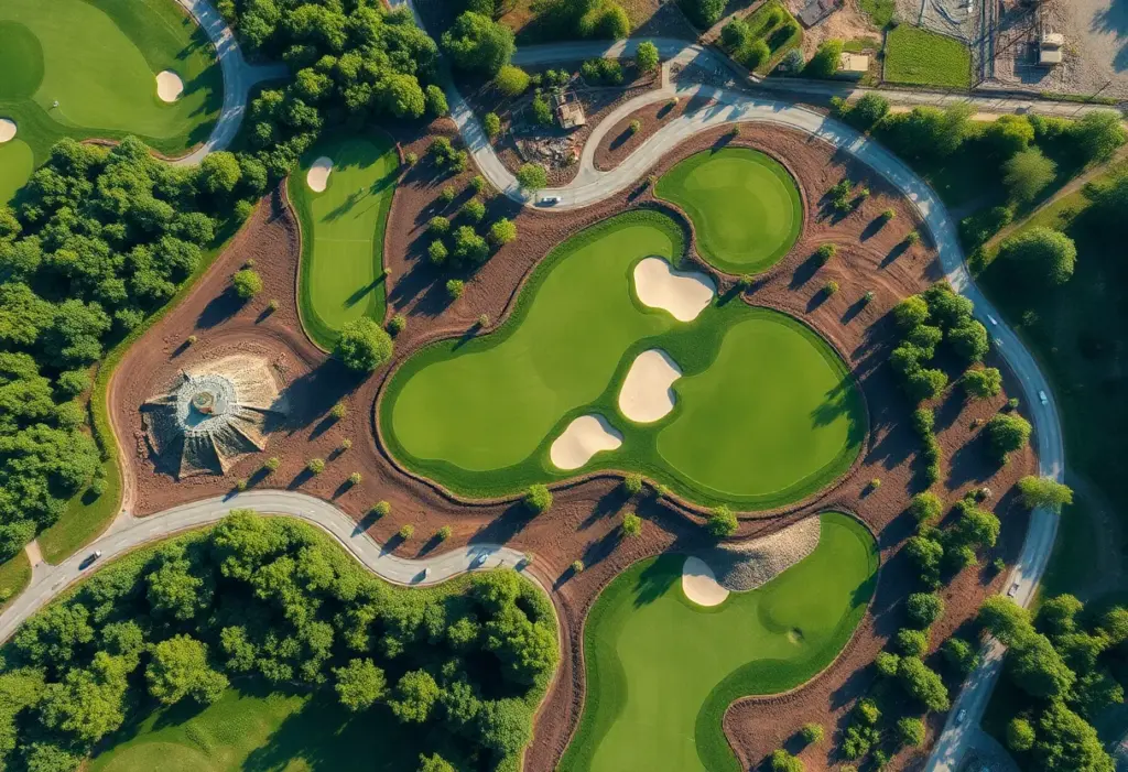 A stunning view of a new golf course being constructed with vibrant greenery.