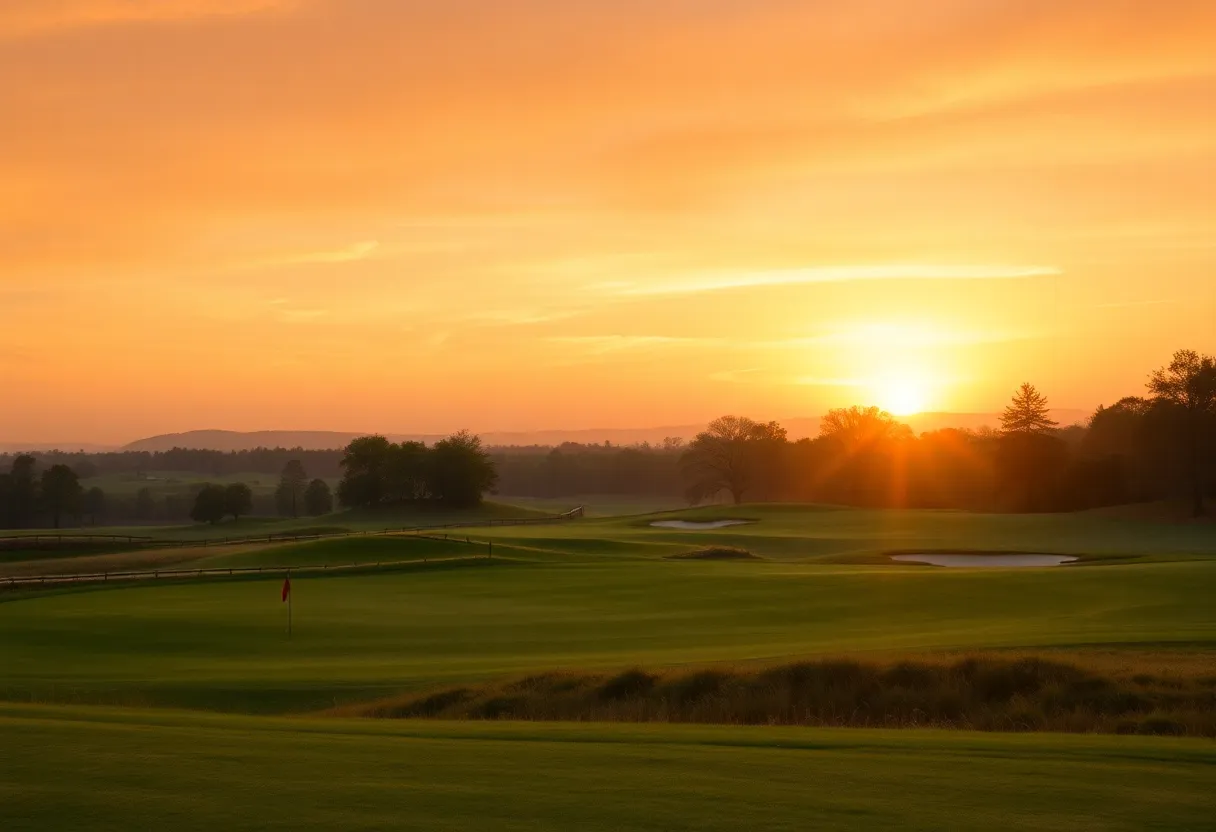 A picturesque golf course landscape during sunset