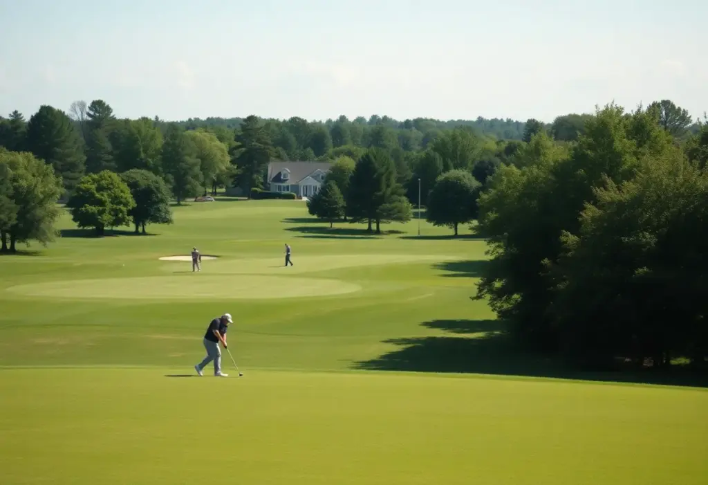 Golfers playing on a lush green golf course.