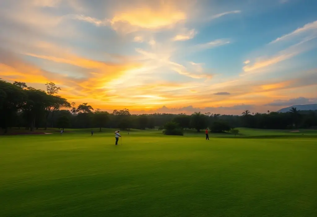 Lush green golf course in Malaysia with golfers and sunset