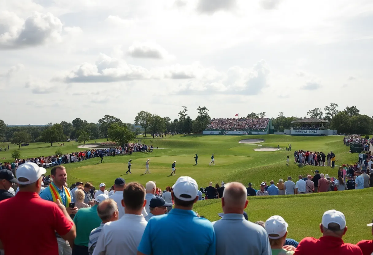 A scenic golf course with players in action during a prestigious tournament.