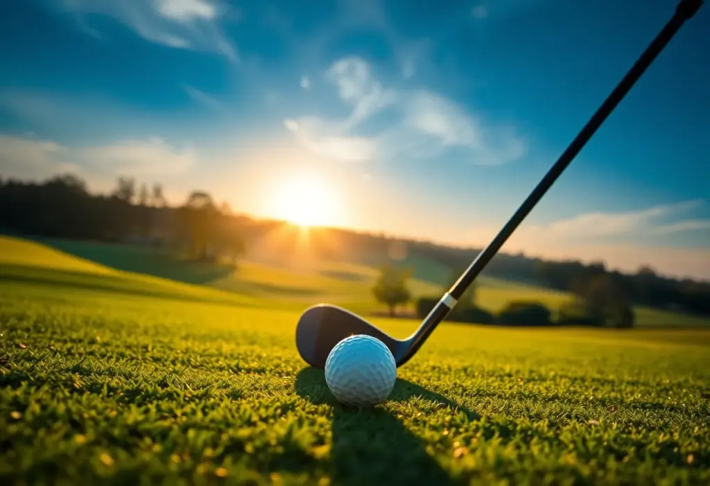 A picturesque golf course at sunrise with a golf club in the foreground.