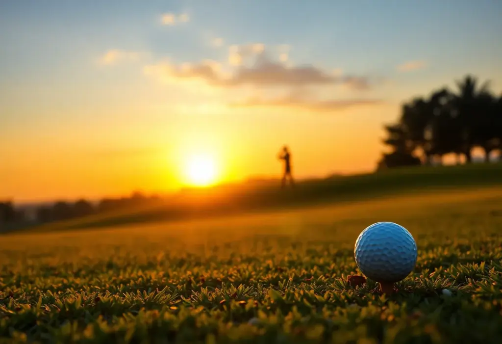 Golf course with a tee and golf ball at sunrise