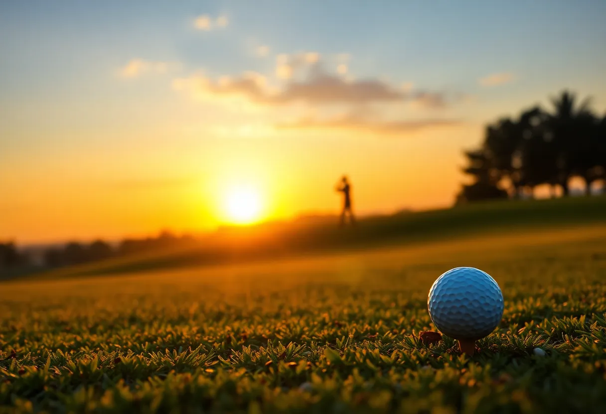 Golf course with a tee and golf ball at sunrise