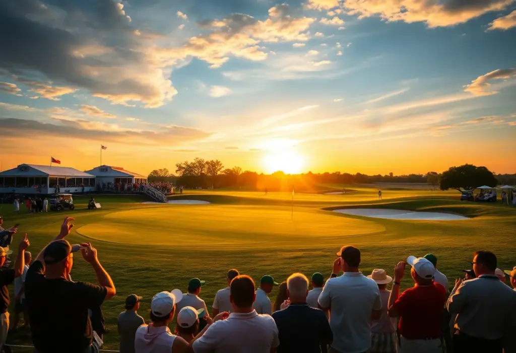 Scenic view of a golf course during sunset with vibrant greens.