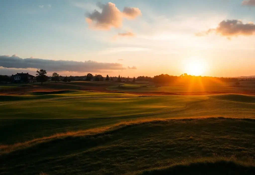 Tranquil sunset over a golf course symbolizing a golfing legend's legacy.