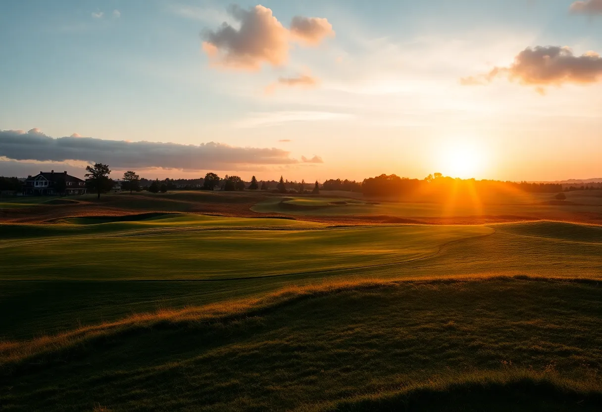 Tranquil sunset over a golf course symbolizing a golfing legend's legacy.