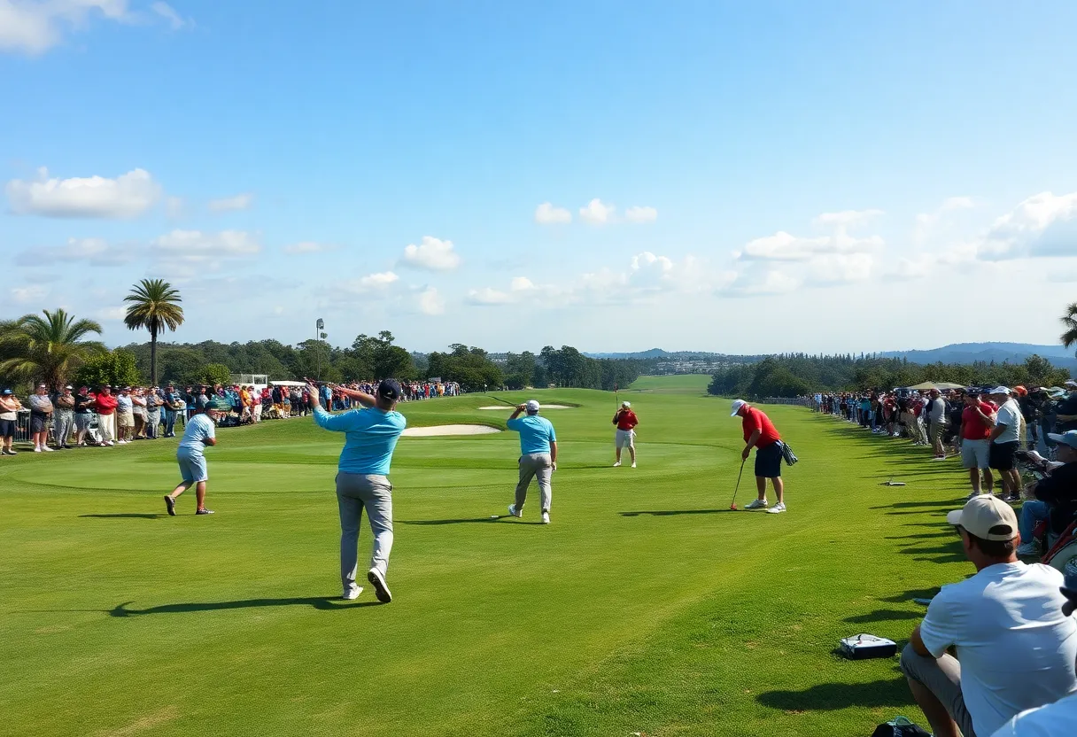 View of a golf course with players during a tournament.