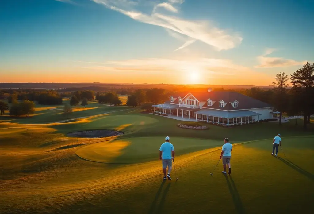 A panoramic view showcasing a vibrant golf course with golfers enjoying the game.