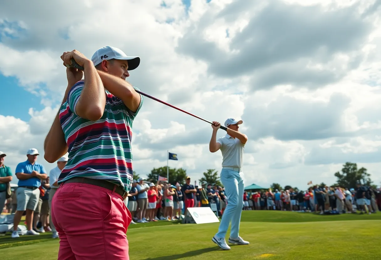 Exciting atmosphere at a professional golf tournament with players and spectators