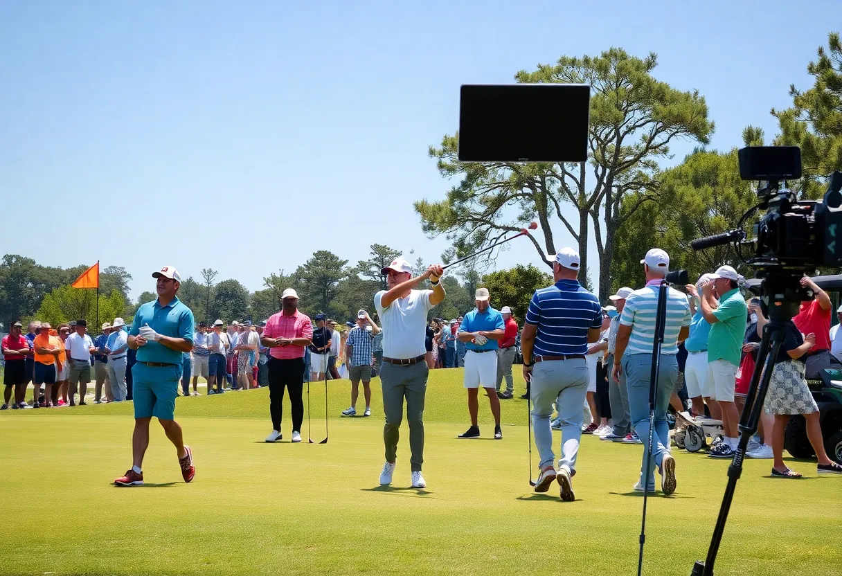 Golfers in action during a tournament with spectators in the background.