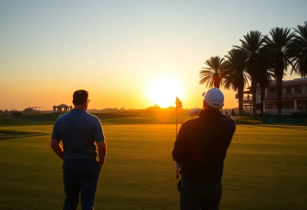 Golfers competing at sunset in a lush landscape