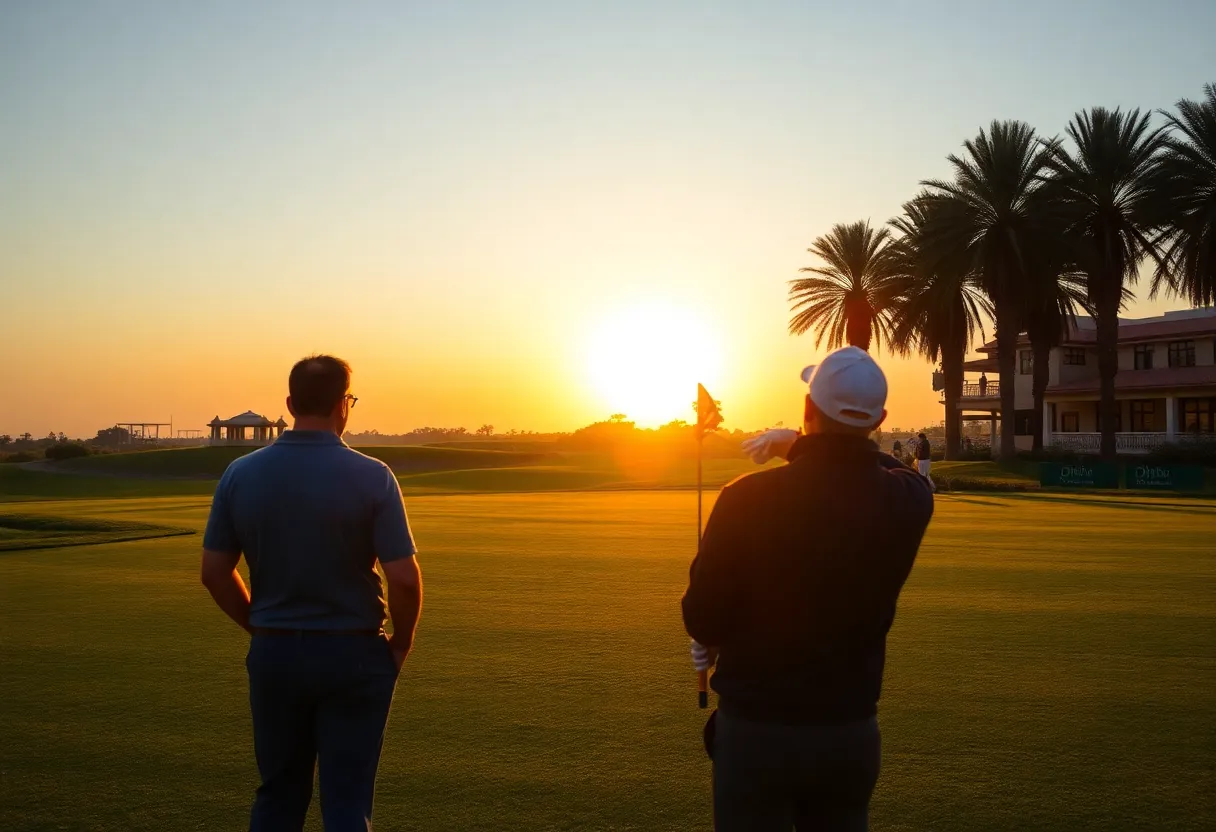 Golfers competing at sunset in a lush landscape