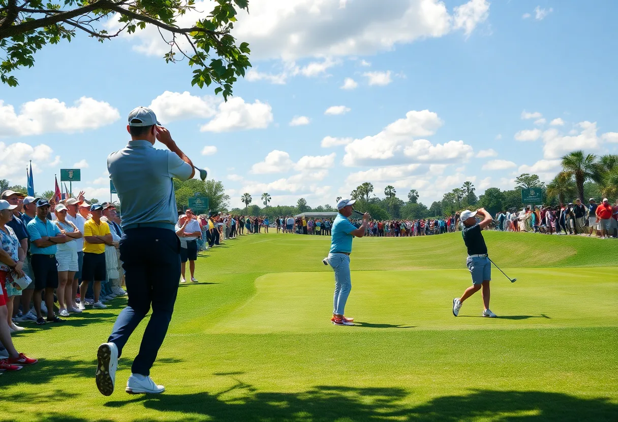 Golf tournament scene with players and spectators
