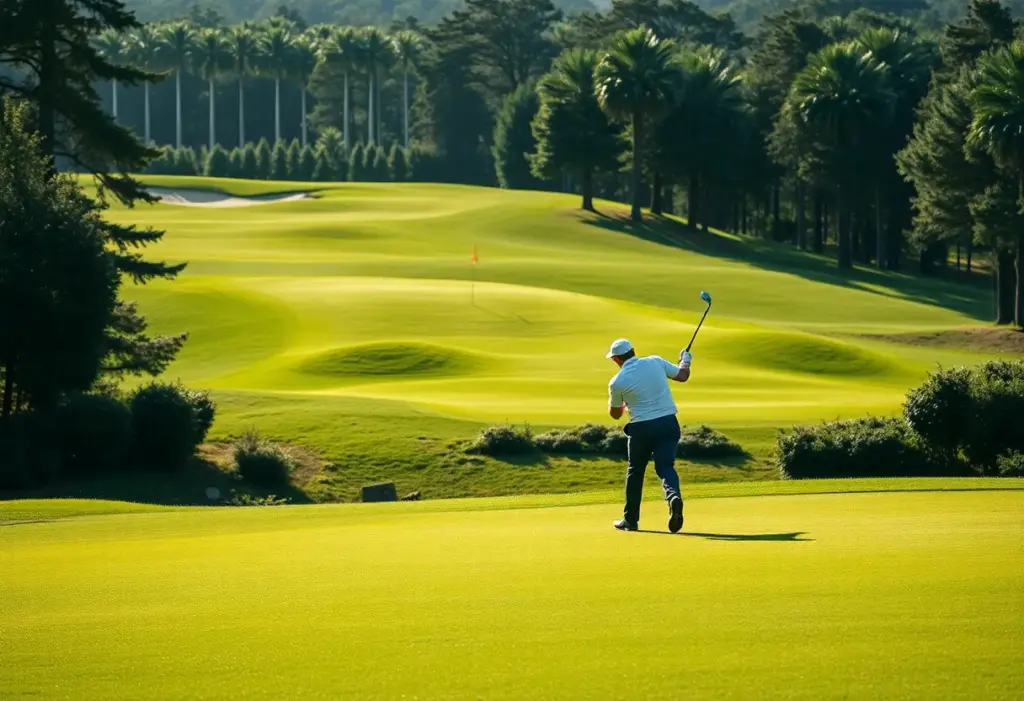 Golfer hitting a shot on a green golf course during a tournament