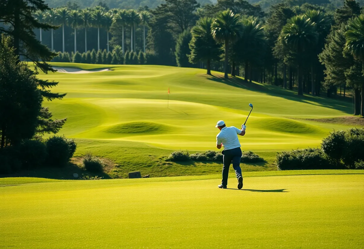 Golfer hitting a shot on a green golf course during a tournament