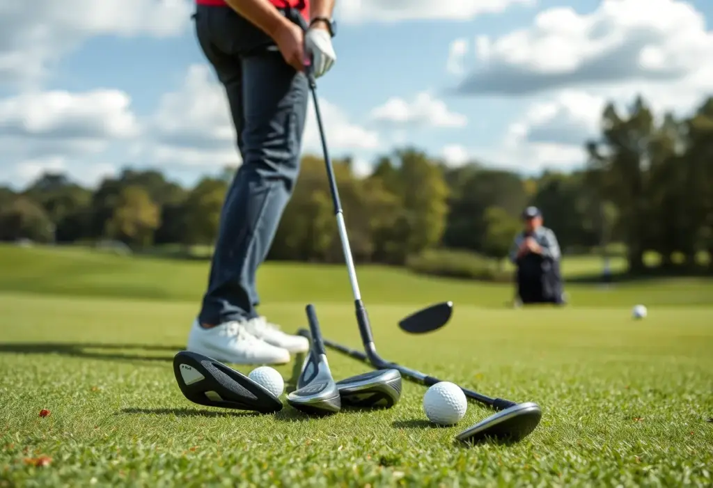 A vibrant golf tournament atmosphere with players and spectators.
