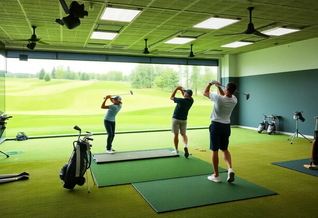 Training facility showcasing modern golf equipment and students practicing their swings.