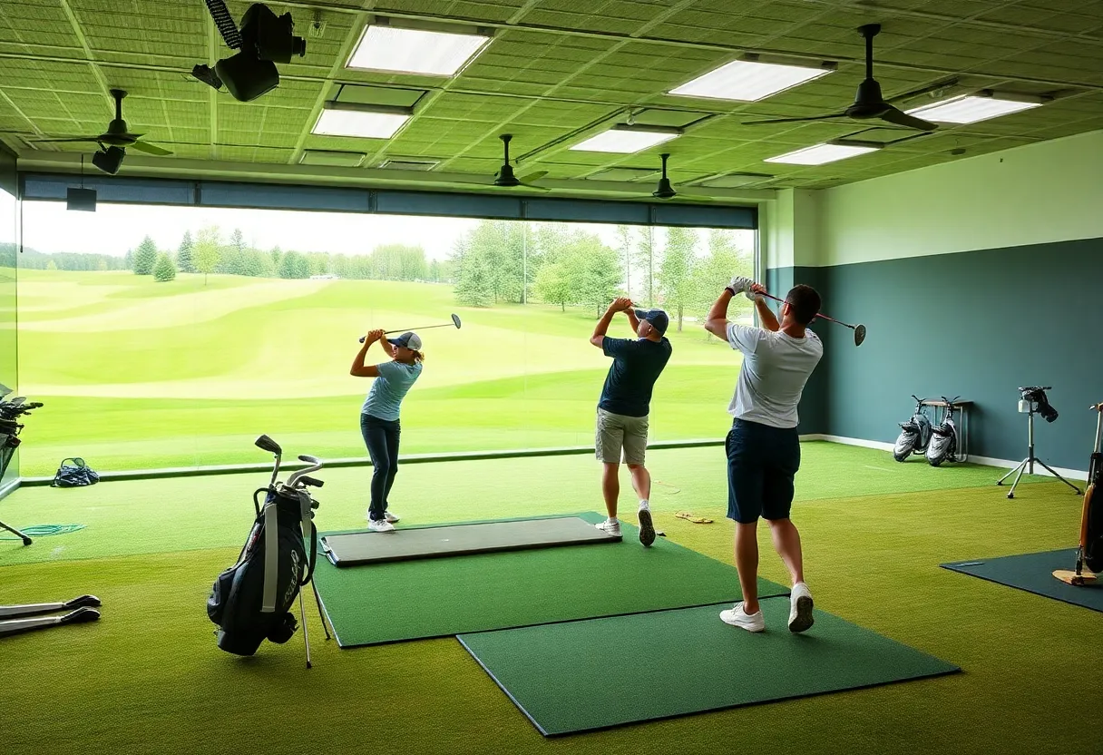 Training facility showcasing modern golf equipment and students practicing their swings.