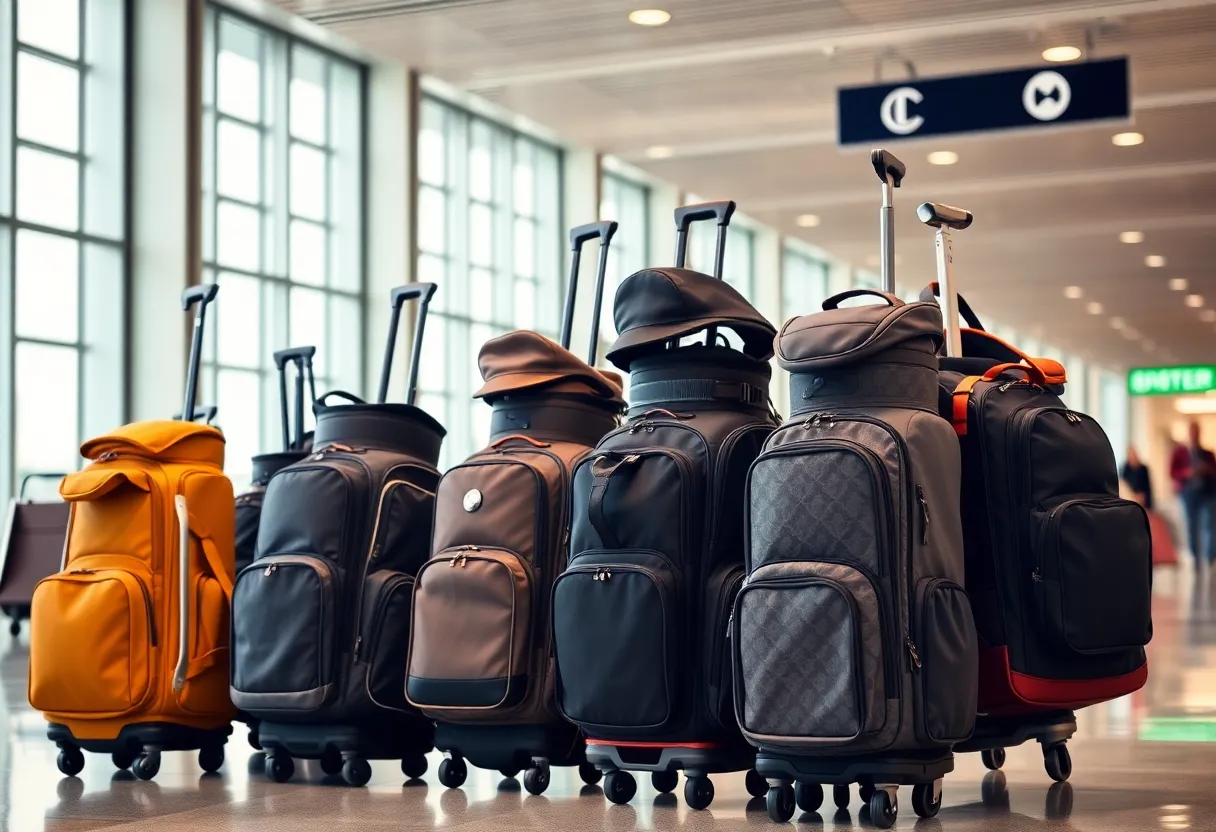 Assorted golf travel bags ready for travel at the airport.