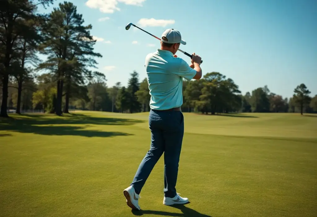 Golfer practicing swing on a golf course