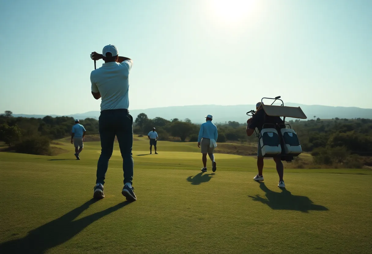 Golfers competing on a sunny day at a vibrant golf course in Africa