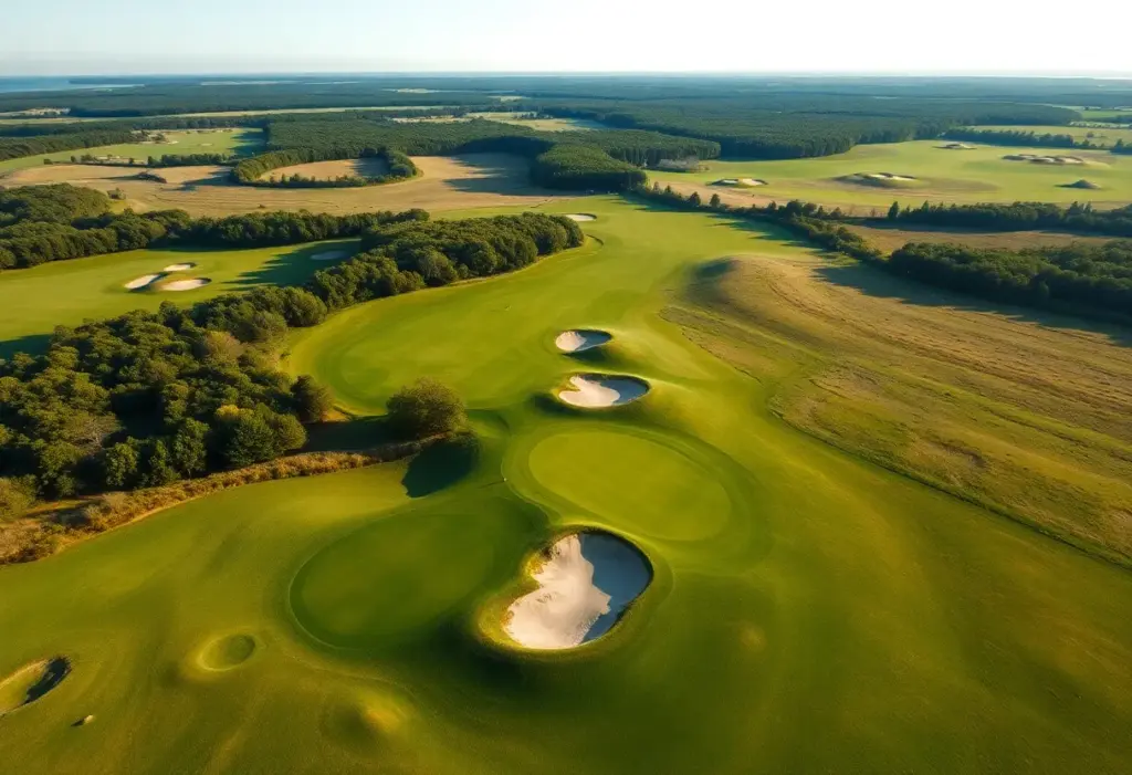 Aerial view of Great Dunes Golf Club showcasing fairways and natural landscapes.