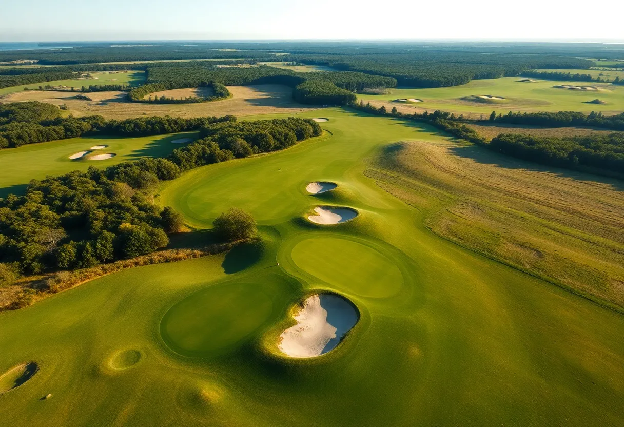 Aerial view of Great Dunes Golf Club showcasing fairways and natural landscapes.