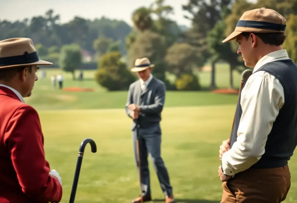 Participants in a hickory golf tournament wearing vintage attire.
