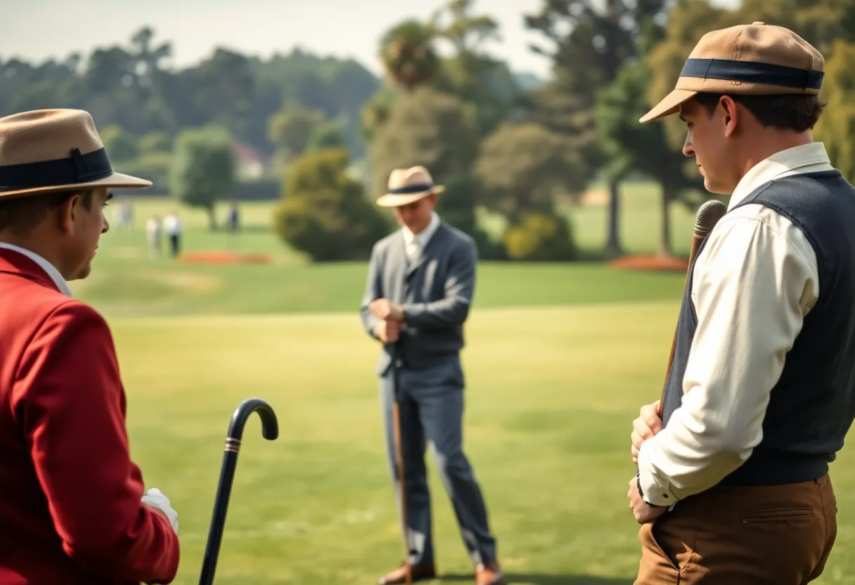Participants in a hickory golf tournament wearing vintage attire.