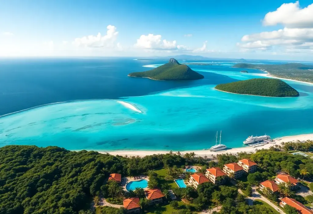 Aerial view of Hamilton Island's coastline and resorts.