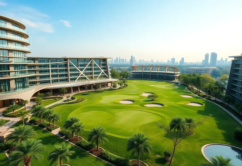Aerial view of Hann Reserve golf resort with well-maintained fairways and luxury amenities.