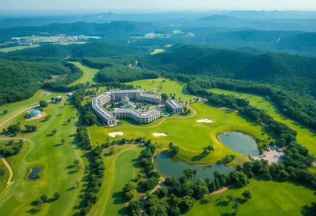Aerial view of the eco-luxury Hann Reserve golf resort amid natural landscape